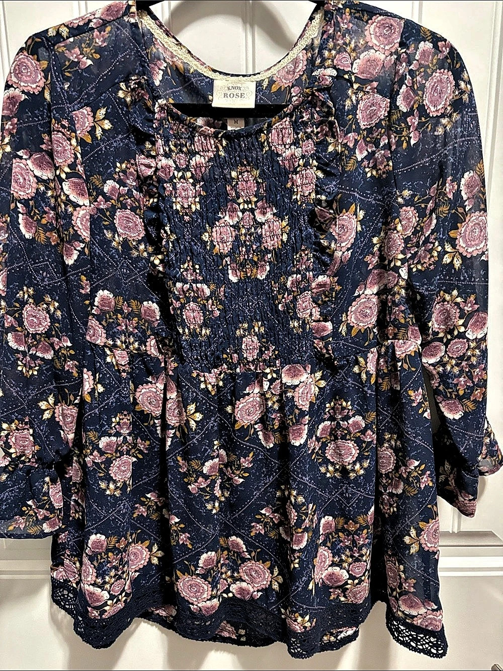 Knox Rose M Navy Floral Smocked Boho Blouse Lace Trim Bell Sleeve